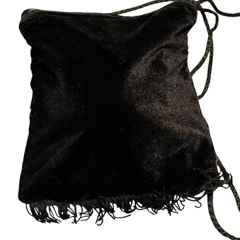 Floral Flower Embroidered Fringe Purse‎ Black Bright Colorful Flowers Casual